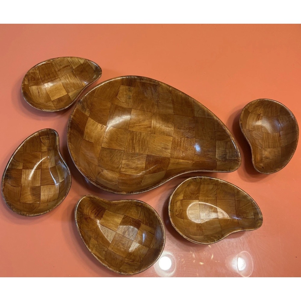 Vintage Woven Wood Salad‎ Bowl Set 6 Piece Teardrop MCM Mid Century Modern Brown